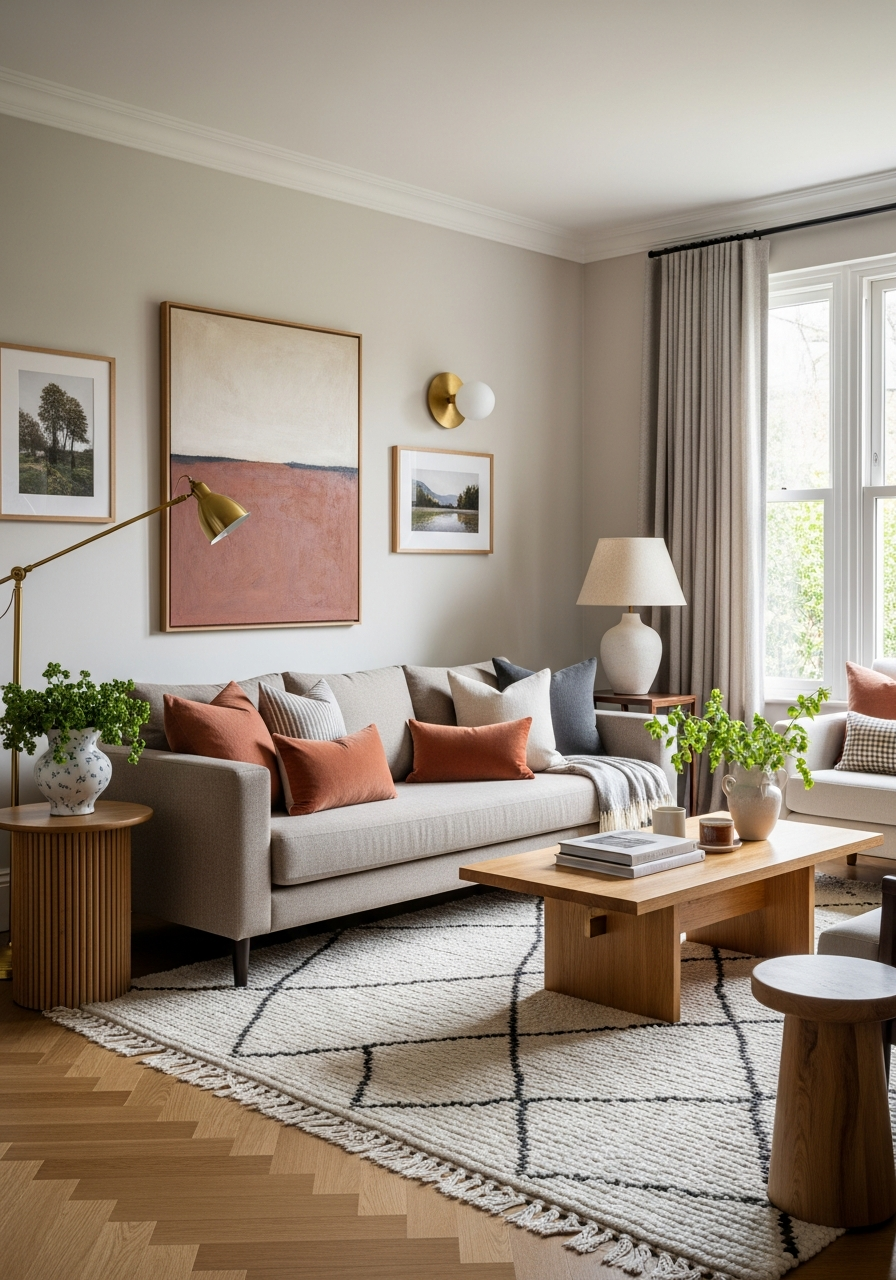 Sophisticated JSID-designed living space with a designer sofa, warm terracotta accents, and curated styling